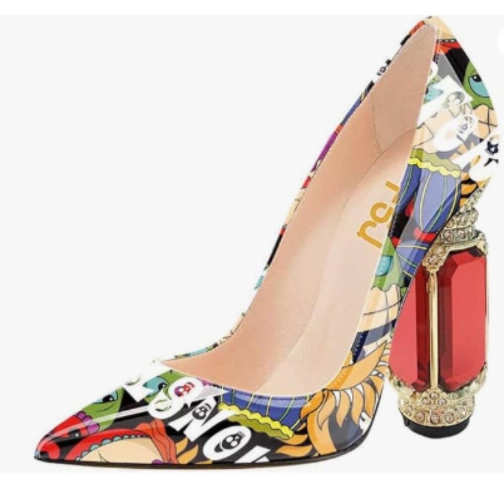 FSJ Cartoon Bridal Pointed Toe Chunky Heel Crystal Pumps Slip on Wedding Shoes
